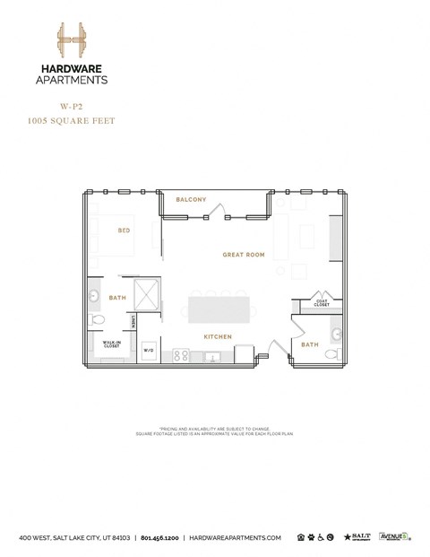 Floor plan for 1 bed, 1.5 baths, 1063 sqft